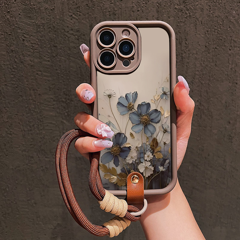 Lanyard Phone Strap - Mavi Çiçekli Kordon Askılı Telefon Kılıfı