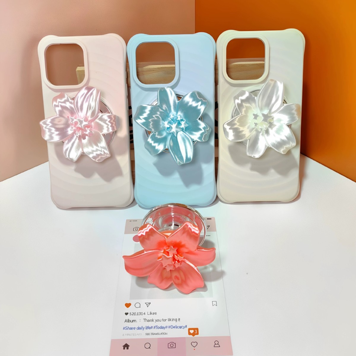 Phone Accessories Stand - Parlak İnci Zambak Çiçekli Manyetik Telefon